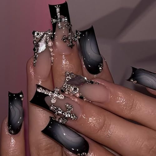 LunarCharm 24 pièces ongles pressés, longs, carrés, noirs, ongles artistiques ombrés avec croix décorative, brillant, couverture complète, faux ongles noirs