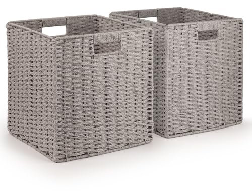 Woodluv Set of 2 Storage Cube Baskets, Wardrobe Organiser Toy Storage Baskets for Shelves, Grey, 30 x 28 x 30 cm