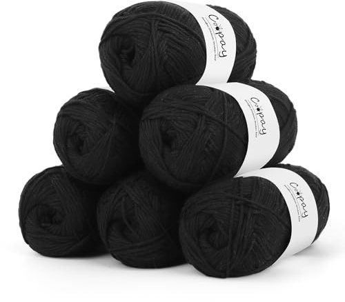 Coopay Wolle zum Häkeln, 100% Baumwolle zum Stricken, 6 x 50g Weiches Häkelgarn Baumwolle zum Häkeln, Babywolle Baumwollgarn für Pullover, Socken, Babydecke - Tiefschwarz