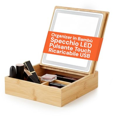 Avilia - Organizer Multifunzione in Bambù con Specchio LED Integrato, 3 Scomparti - Make-Up Skincare Accessori, Contenitore Porta Trucchi, Toeletta Design Elegante, Struttura Resistente.