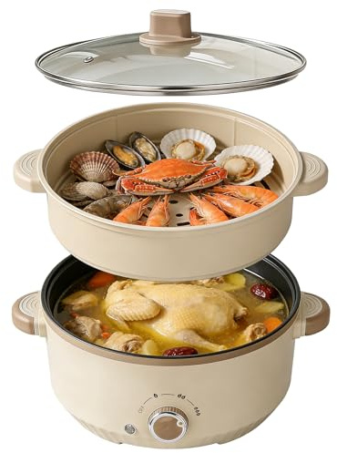 Elektrischer Hot Pot, 4.6L Hotpot Topf mit Dampfeinsatz, 1000W Nudelkocher mit Keramik-Antihaft-Beschichtung, 3 Temperaturstufen & Automatische Abschaltung für Fondue & Eintöpfe