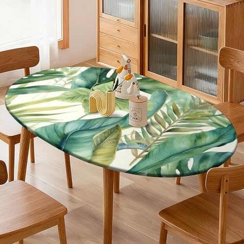 Nappe ajustée ovale à motif feuilles de palmier aquarelle - Jungle tropicale - Bord élastique - Résistante à l'eau - Pour salle à manger, fête de mariage - 140 x 190 cm