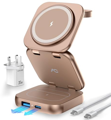 AC Island 5 in 1 iPhone Ladestation kompatibel mit Magnetisch Ladegerät, Faltbar Reisen Wireless Charger für iPhone 17/16/15/14/13/12 Series, AirPods Pro 3, Apple Watch S11/Ultra(Titan Wüstensand)