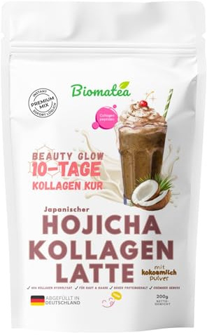 Biomatea 10-Tage Beauty Glow Kur – Hojicha Kollagen Latte Pulver, Japanischer Rösttee mit Collagen Peptiden für strahlende Haut & feste Nägel – Cremiger Instant Mix mit Kokosmilch – Proteinreich, 200g