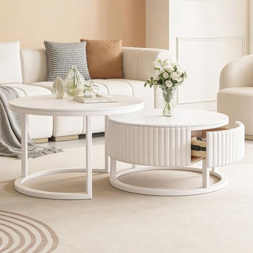 SeraphicCharm Rund Couchtisch Marmor Mit Stauraum Weiß Wohnzimmertisch Mit Schublade Modern Couchtisch Rund Weiss 2er Set Runder Couchtische Ausziehbar Couch Tisch Wohnzimmer Für Couch