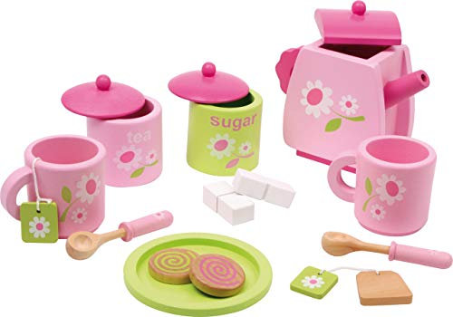 Small Foot Juego de té Madera, Accesorios para la Cocina de los niños, 17 Piezas, a Partir de 3 años, 2849 Juguete, Color Negro