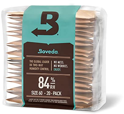 Boveda für Zigarren | 2-Wege-Feuchtigkeitskontrolle mit 84 % relativer Feuchtigkeit zum Einrichten eines Humidors | Größe 60 zur Verwendung für jeweils 25 Zigarren im Humidor | für die richtige Einrichtung eines Humidors aus Holz innerhalb von 14 Tagen | wiederverschließbare Verpackung mit 20 Stück