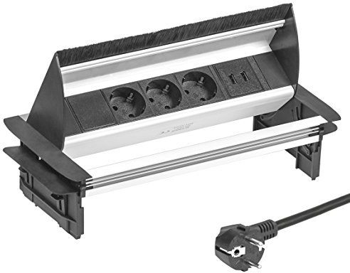 Elbe Inno® versenkbare Tischsteckdose mit 2xUSB, Steckdosenleiste mit USB Buchse, Einbausteckdose aus Alulegierung, Mehrfachsteckdose, Kindersicherung, 1,5m Kabel, für Büro, Werkstatt, Küche