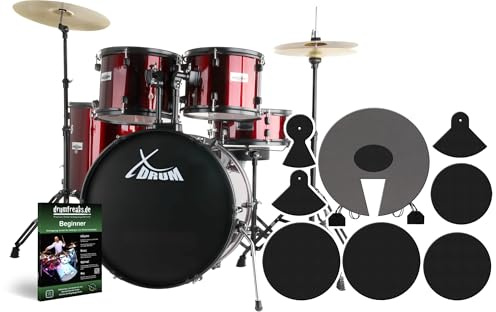 XDrum Rookie Schlagzeug Set Drumset Rot (22 BD, 10, 12, 14 TT, 14 SD, Übungsbecken bestehend aus einem Satz Hi-Hat-Becken 14 und 1 Crash-Ride-Becken 16, inkl. Schule und Schlagzeugdämpferset)