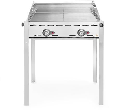 HENDI Grillsystem Green Fire 2 Brenner, mit 2 Edelstahl Grillroste GN 1/1, mit Windfang, nur für Verwendung im Aussenbereich, 740x612x(H)825mm, 11,6kW, Edelstahl 18/0