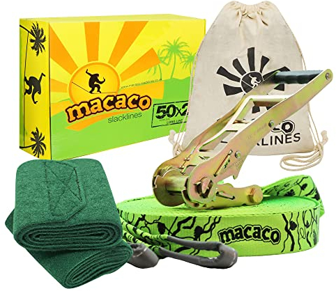 Macaco Lungo Slackline, Slack Line 26 m + Protezioni per Alberi + Istruzioni + Sacchetto in Cotone Naturale per Kit Fune-Installazione Molto Facile Unisex Adulto, Verde
