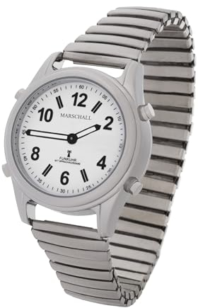Marschall Deutsch sprechende Herren Armbanduhr I 1136V I Funkarmbanduhr I Für Blinde, Senioren und Sehbehinderte I Datum- und Zeitansage I Extra große Zeiger I Metall-Zugarmband