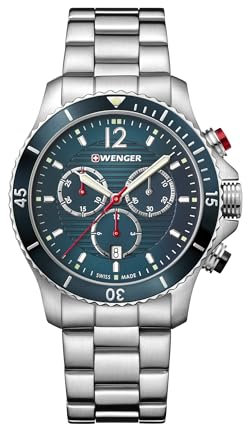 WENGER Herren Armbanduhr Seaforce Chronograph Ø 43 mm, Swiss Made, Analog Quarz, Wasserdicht bis 200 m, Edelstahl-Armband, Grün/Silber, 01.0643.115