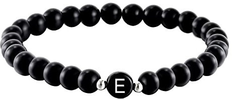 Kim Johanson Partner Perlenarmband mit Buchstabe aus Onyx Stein für Pärchen I Naturstein Freundschaftsarmband in Schwarz I Geschenk für Paare mit Gravur I Für Frauen und Männer inkl. Schmuckbeutel (E)