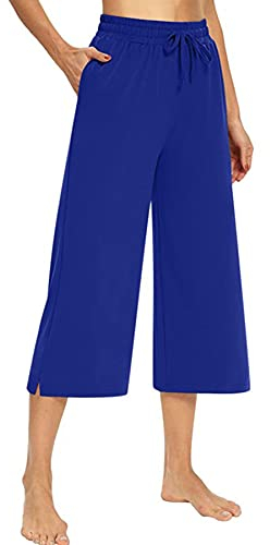 FEOYA Weite Bein Hose 3/4 Sommerhose Einfarbig Sweathose Locker Casual Sommerhose mit Gürtel