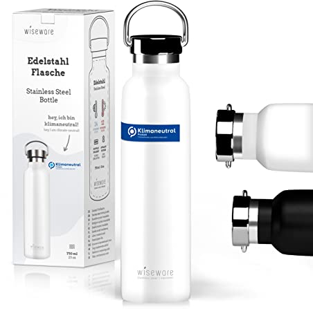 wiseware Edelstahl Trinkflasche - 2 Stück Weiße Isolierflaschen 750ml - BPA frei - Auslaufsichere Wasserflasche aus Metall für Outdoor, Wandern, Schule, Sport
