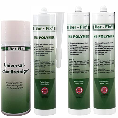 Ber-Fix MS Polymerkleber Weiss 3x Montagekleber extra stark Styroporkleber Steinkleber aussen frostsicher pvc kleber wasserfest klebt und dichtet / 400ml Schnellreiniger