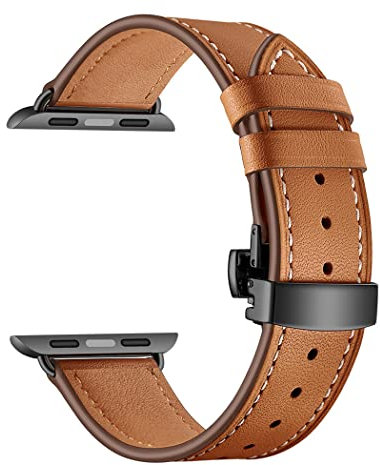 Correa de cuero para Apple Watch Band 41mm 40mm 38mm Correa de cuero genuino Pulsera de repuesto para iwatch Ultra Series 8 7 6 SE 5 4 3 2 1, Botón Negro Marrón
