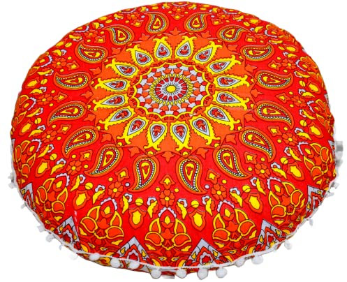 INDIAN CRAFT CASTLE: Großes rundes Sitzkissen, Ottomane, Meditations-Bodenkissen für Erwachsene, Sitzpouf, 55,9 cm (Orange)