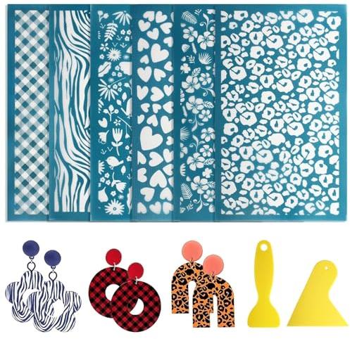 EEEKit 6 Stück Siebdruckschablonen, 5,90 * 3,54 Zoll Schablonen Clay Tools Kit, wiederverwendbares Siebdruck-Kit mit 2 Schabern für DIY Polymer Clay, Schmuckherstellung, Dekoration von Ohrringen