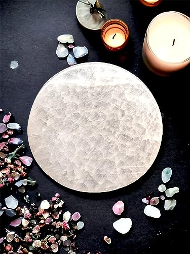 vingardium leviosa Crystal Selenite Charging Plate Handmade Natural White Selenite Charging Round Disc Healing Spiritual Cleanse and Recharge Selenite Crystal Meditation Decoration Gift 7cm Approx.