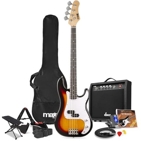 Max GigKit Beginner Electric Bass Guitar Bundle with 40W Amplifier, Sunburst Finish & Complete Accessory Pack - Ideal Starter Learner Bass Set for All Ages