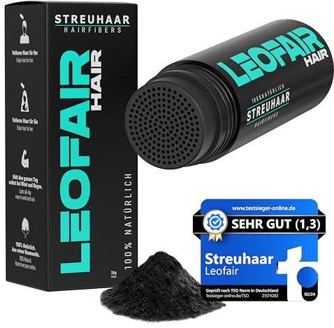Leofair Haarverdichtung - 100% natürlich - Streuhaar für volles und dichtes Haar in Sekunden! Schütthaar in Premium Friseurqualität - 28g - Perfekter Look für Männer & Frauen (Schwarz)