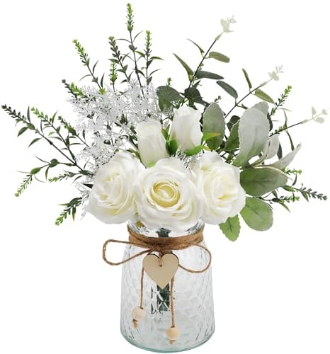 Floralsecret Fiori finti con vaso di rose bianche artificiali in vaso pianta di eucalipto finto composizione floreale per centrotavola da tavola, baby shower, decorazioni per casa, cucina, ufficio,