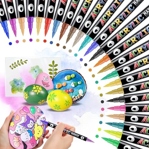 WuGU 24er-Pack 48 Farben Acrylstifte für Steine Wasserfest, Doppelspitze Acrylstifte Wasserfest, Acrylic Paint Marker, Acrylfarben Stifte für Holz, Glas, Papier, Keramik, Ostereier Deko, DIY Fotoalben
