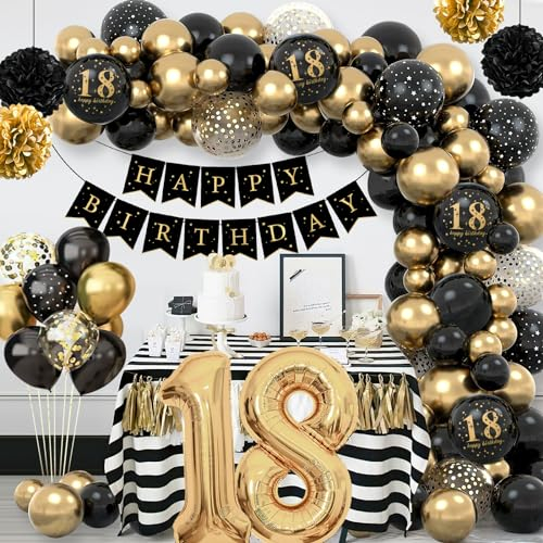 Deko 18. Geburtstag Mädchen Junge - Luftballons Schwarz Gold, Happy Birthday Banner, Pompoms für Party Decorations