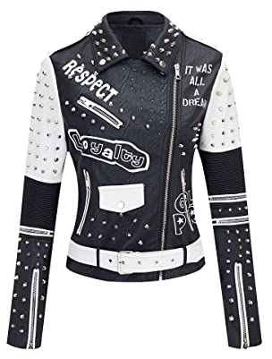Geschallino Giacca da Donna in Ecopelle Taglie Forti Cappotto da Motociclista Floreale Punk con Rivetti Borchiati Graffiti 0376Plus Nero XL