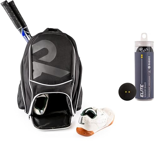 Raquex Racket Sports Backpack - for 1 Tennis Racquet or 2 Squash or Badminton Racquets. Rucksack for Rackets + Shoes + Laptop + Water Bottle (+ 3 Squash Balls, Double Yellow Dot)