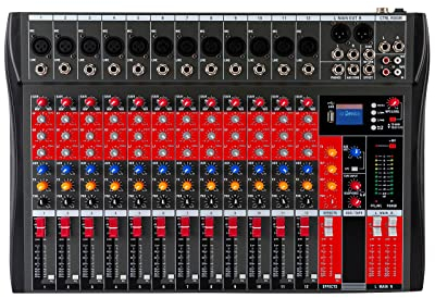 Professioneller Audio-Mixer, 12 Kanal DJ Stereo Sound Mischkonsole USB-Bluetooth Hall Delay Effekt, Stereo DJ Mixer Digital Audio Mixer Verstärker