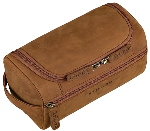 STILORD 'Rowan' Vintage Trousse de Toilette à Suspendre Homme Cuir Sac de Toilette Grand Trousse Maquillage Femme Cuir Véritable pour Voyage, Couleur:Tan - Marron - Scuro