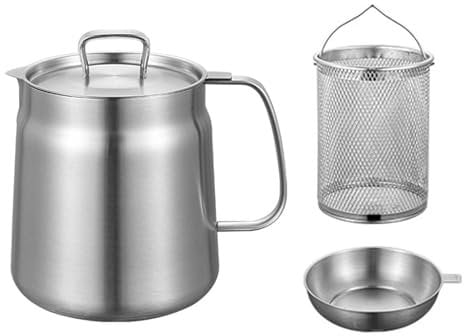 2L Deep Fryer Pot Fil-TER Oil Strainer Pot Stainless Steel Fat Separator Jug Oil Separator Can Multi-Functional Tank Pot Grease Container with Strainer,Fil-TER Lid,Frying Basket for Cooking