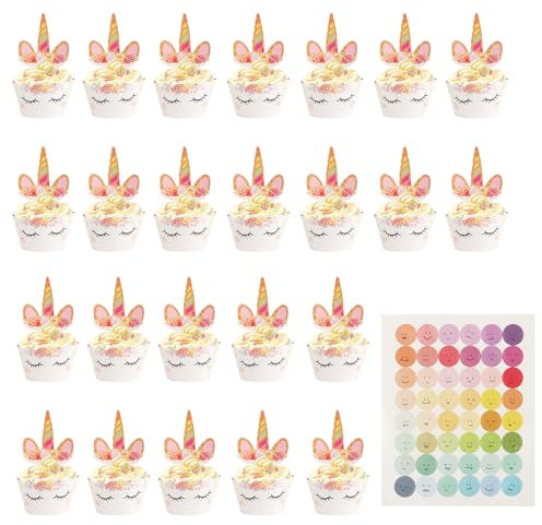 24 Sets Einhorn Muffin Deko, Einhorn Tortendeko für Cupcake Toppers Wrappers, süße Unicorn Geburtstagsdeko Verpackung für Kuchen Muffins Cupcake Dessert Deko, Hochzeit Geburtstag Party + Aufkleber