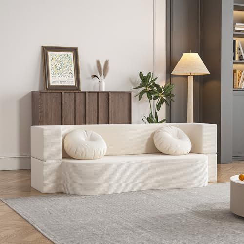 Elemango Sofá cama doble convertible 2 en 1, sofá de esquina con cojines, colchón de espuma de alta densidad, versátil para salón o dormitorio, color blanco