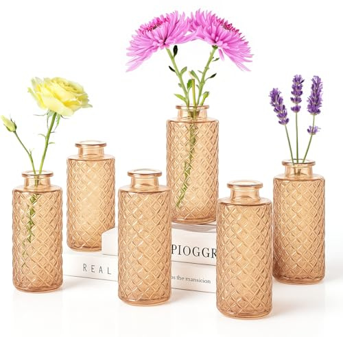 6er Set Glasvasen Klein – Vintage Blumenvasen für Tischdeko, Hochzeitsdeko & Home Decor (13cm Hoch, Diamantmuster), Mini Vasen als Teelichthalter oder Deko-Glas (Bernstein- Set of 6)