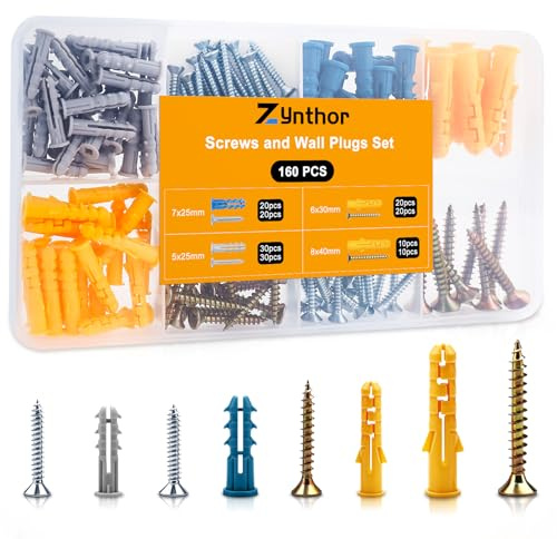 Zynthor Screws and Wall Plugs Set, Plasterboard Fixings, 160Pcs | Raw Plugs and Plasterboard Screws for Brick, Concrete and Drywall, Assorted Wall Fixings for General Installation