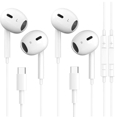 Pack de 2 auriculares USB C, auriculares intrauditivos con cable para Apple iPhone 17/16/15 Pro/Pro Max/Plus, Samsung Galaxy, auriculares con cable con micrófono estéreo de audio HiFi