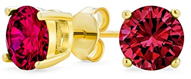 Boucles D'Oreilles Clous En Argent Sterling .925 Plaqué Or Jaune 14K Avec Zircon Cubique Rouge Simulé Rubis AAA Taille Brillant Solitaire