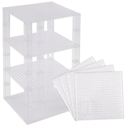 Stapelbare Premium-Bauplatten - inkl. neuen verbesserten 2x2-Bausteinen - kompatibel mit Allen großen Marken - geeignet für Turm-Konstruktionen - Set aus 4 Platten - je 15,2 x 15,2 cm - Transparent