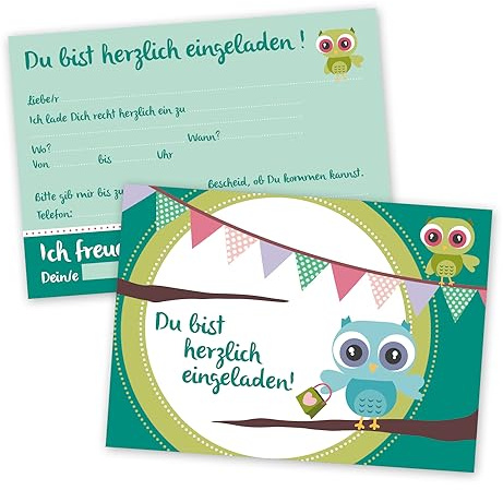 younikat 15 Einladungskarten Eulen-Motiv Kinder-Geburtstag DIN A6 - dv013 | Einladungskarten mit Eulen-Motiv für Kindergeburtstage, einfach ausfüllbar und ideal für kleine Gäste