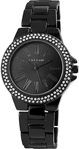 Excellanc Damen-Uhr Gliederband Metall Strass Faltschließe Analog Quarz 1800140 (schwarz)
