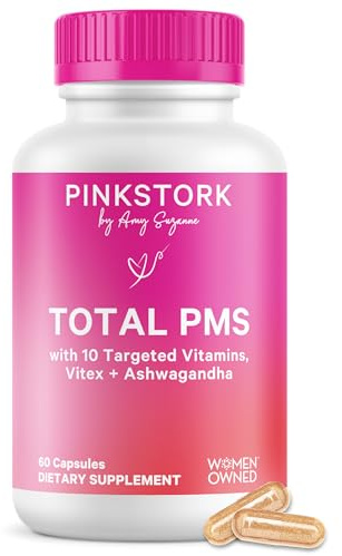 Pink Stork PMS Supplement for Women - Vitex, Ashwagandha, Maca Root & 10 Vitamins & Minerals to Support Hormone Balance, Mood, Bloating, Period Regularity - 60 Capsules