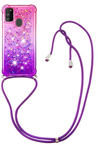 Handykette Handyhülle kompatibel mit Samsung Galaxy A21s Hülle Gradient Glitzer Flüssig Hülle mit Band Kette Schutzhülle Weiche Flexible Transparent TPU Stoßfest Case Cover (Pulver Purple)