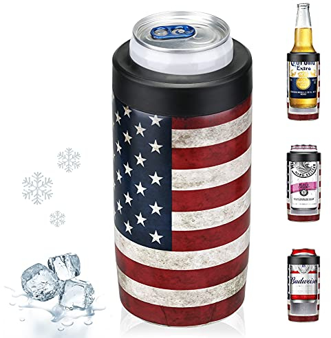 Maxso Schlanker Dosenkühler, 4-in-1 doppelwandig, Edelstahl, isolierter Bierdosenhalter, funktioniert mit allen 340 ml Dosen, Flaschen und als Pint-Becher – Amerika-Flagge