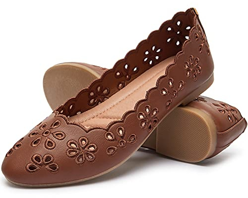 FRACORA Women's Ballet Flats Black PU Leather Dress Shoes Comfortable Round Toe Slip on Flats with Breathable Eyelets, Brown, 2 UK