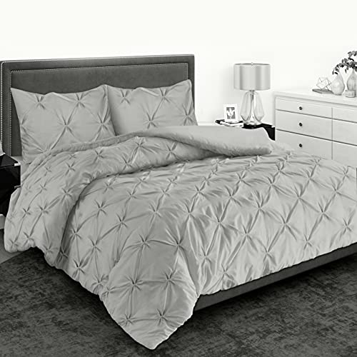 MH Home Pintuck Super King Duvet Cover Set - 200 Thread Count 100% Egyptian Cotton Pinch Pleated Quilt Bedding Covers Set (Silver, Super King)