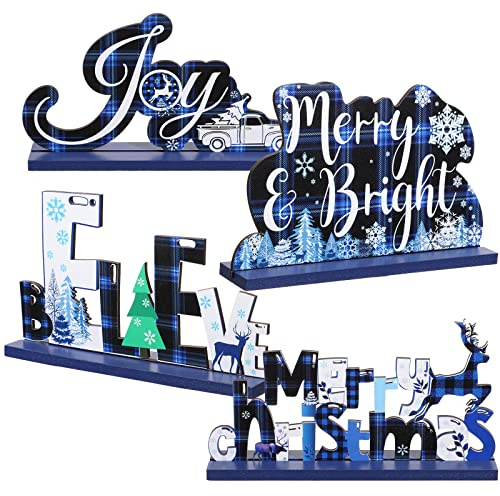 Christmas Table Decor Christmas 4 Pcs Table Centerpieces JOY Sign Wooden Merry Bright Christmas Decorations Table Decors for Winter Snow Happy Holiday Xmas Blue Buffalo Plaid Dinner Tier Tray Coffee